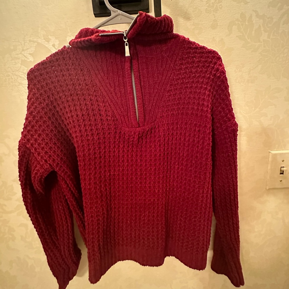 Unworn Red Waffle Knit Quarter Zip Sweater
